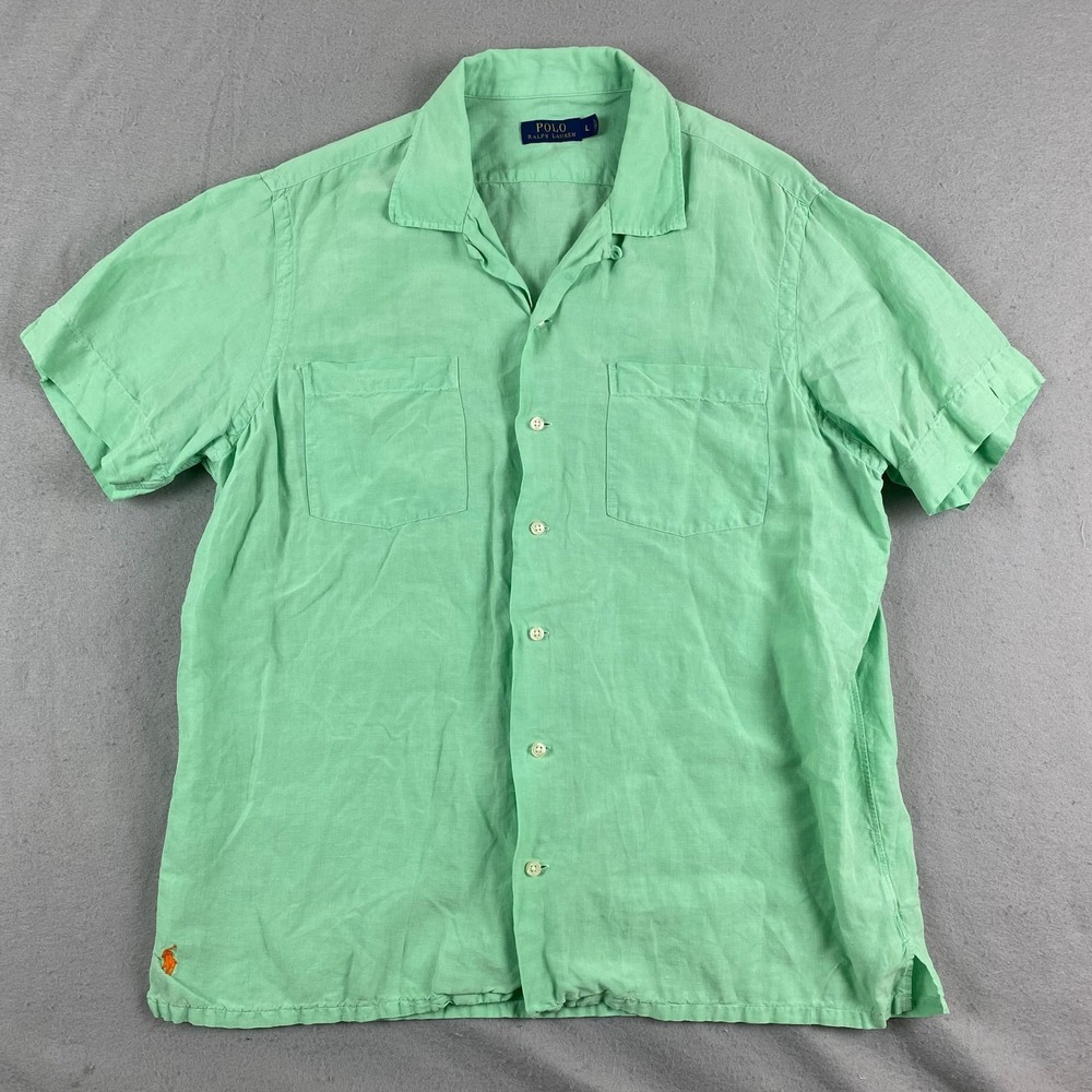 Polo Ralph Lauren Shirt Mens Large Green Linen Silk Short Sleeve Button Camp